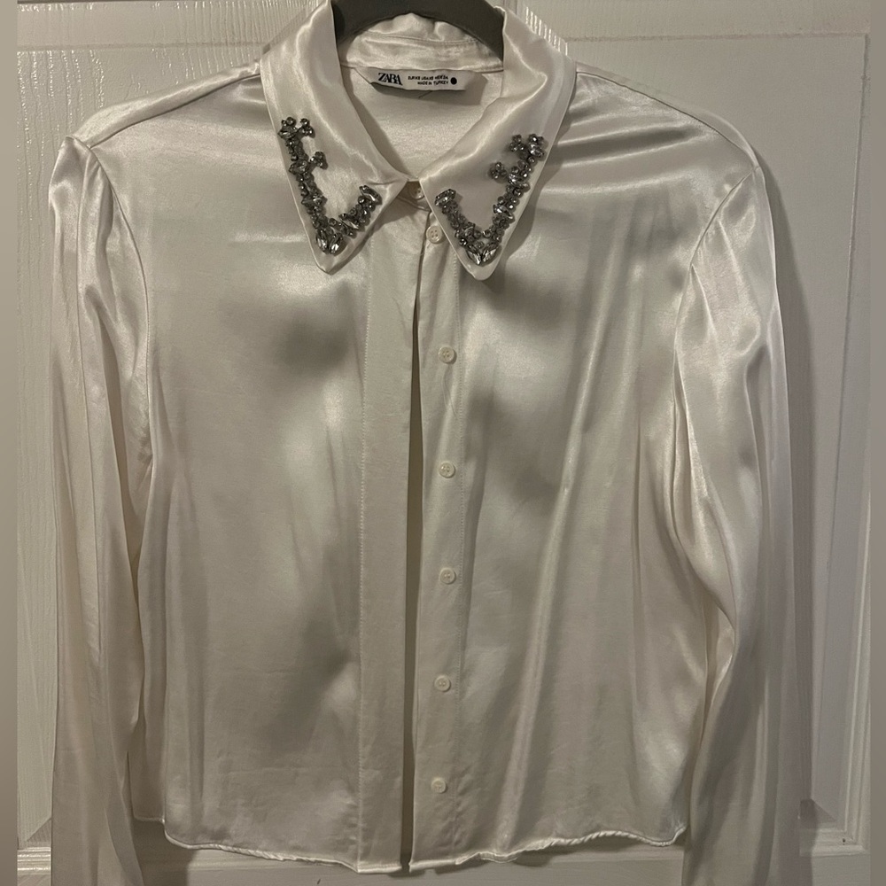 Zara Women Silk Top With Rhinestones